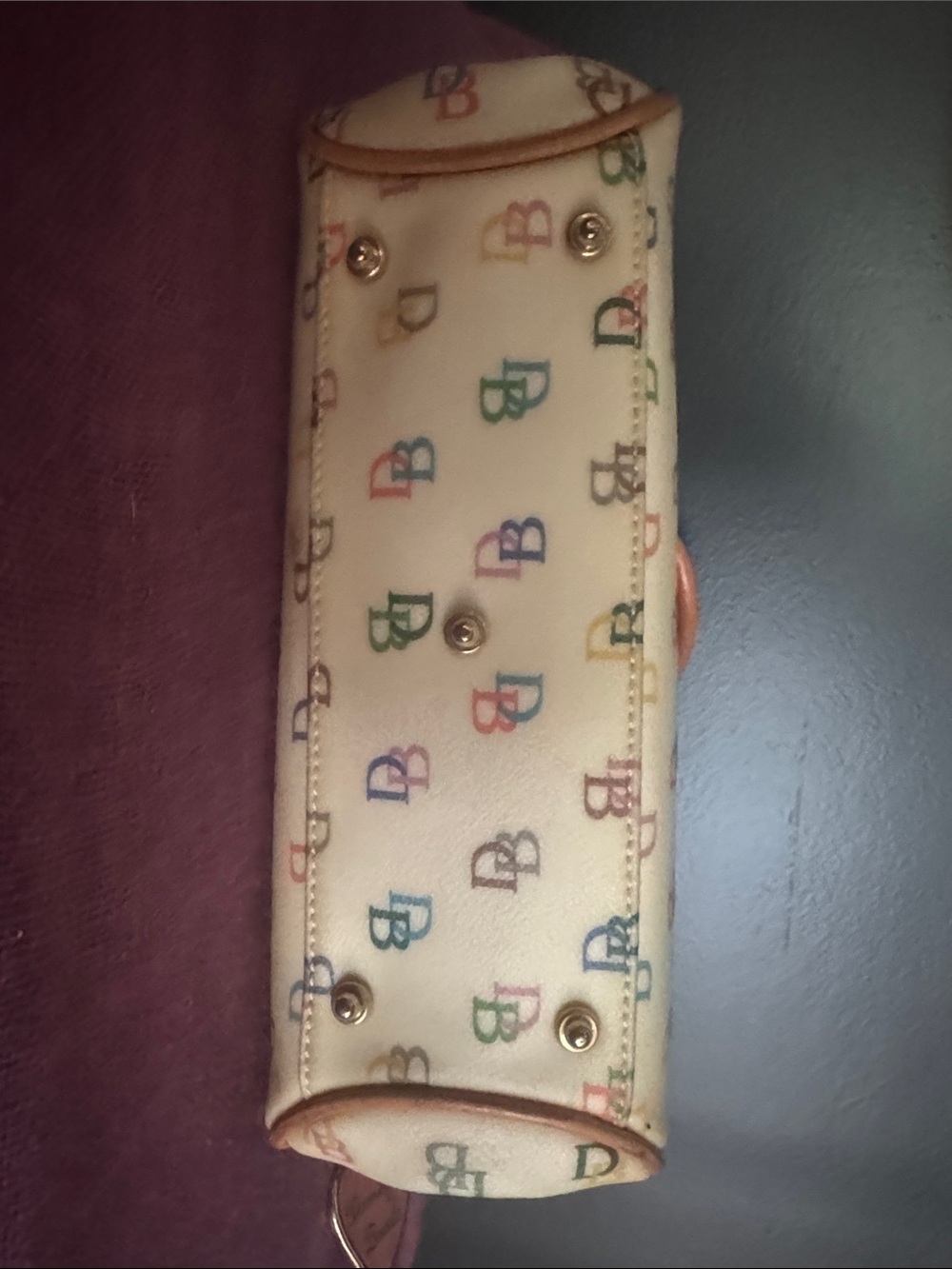 Dooney & Bourke Cream Satchel with Multicolor DB Logos and Tan Trim - Picture 4 of 4
